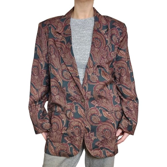 Vintage Jackets & Blazers - VTG 80s 90s Womens XL Dark Green Maroon Paisley Evening Blazer One Button Thin